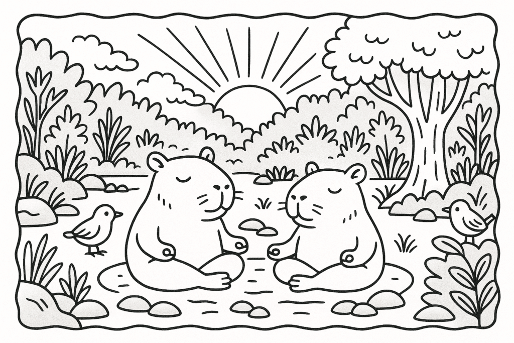 Duas capivaras em posição de meditação no centro de uma clareira com pedras e árvores.