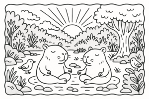 Duas capivaras em posição de meditação no centro de uma clareira com pedras e árvores.
