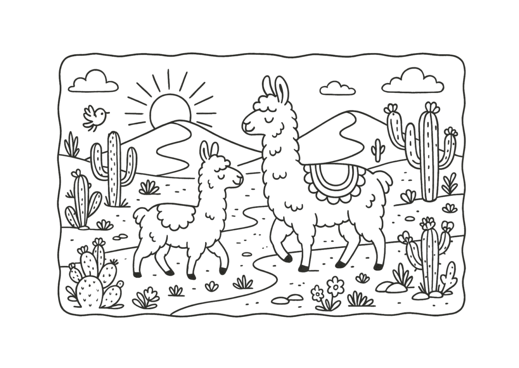 desenho de Lhama no estilo Bobbie Goods, para colorir