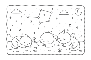 lustração para colorir com três dragõezinhos dormindo sob a Constelação de Orionis em uma noite estrelada. Estilo lúdico e delicado.