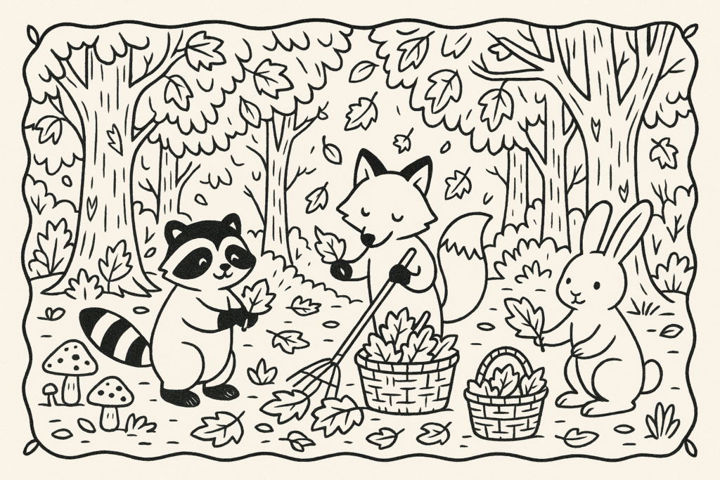 Desenho em preto e branco de raposa, guaxinim e coelho recolhendo folhas no outono