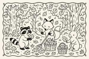 Desenho em preto e branco de raposa, guaxinim e coelho recolhendo folhas no outono