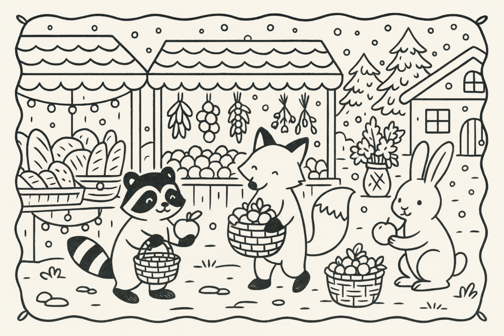 Desenho de inverno com raposa, guaxinim e coelho comprando frutas em um mercado local, estilo Bobbie Goods