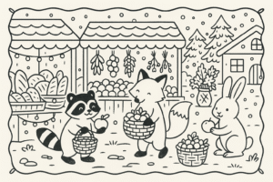 Desenho de inverno com raposa, guaxinim e coelho comprando frutas em um mercado local, estilo Bobbie Goods
