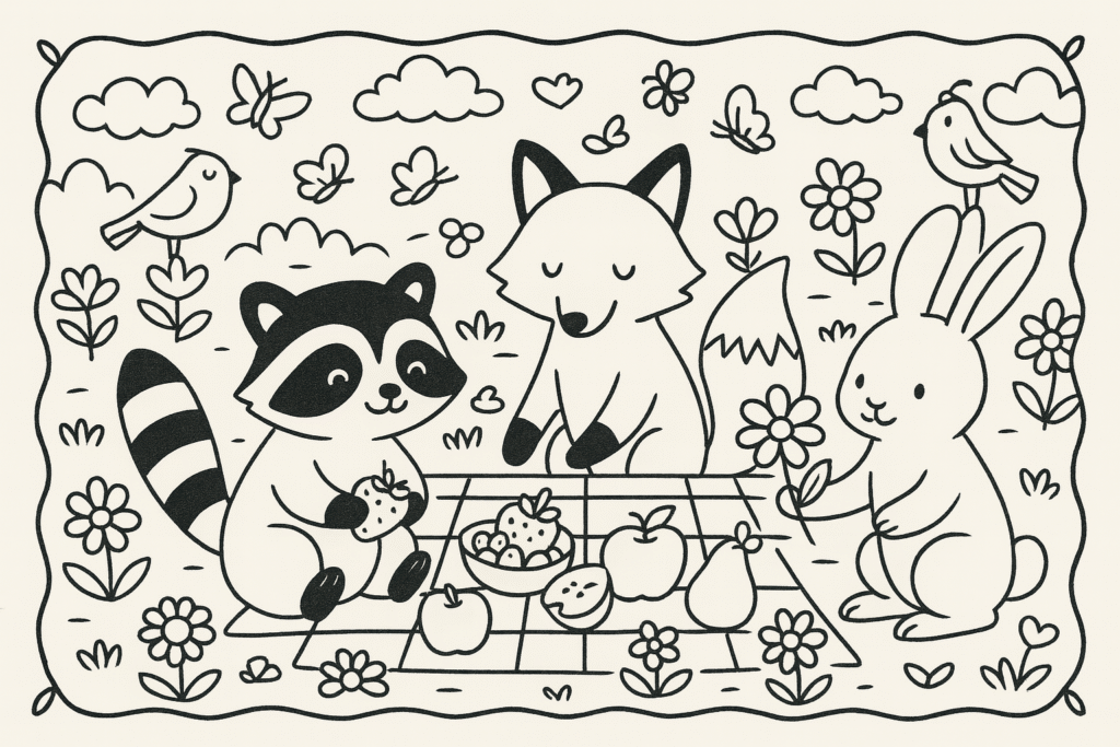 Desenho de primavera com raposa, coelho e guaxinim em um campo florido, em estilo Bobbie Goods