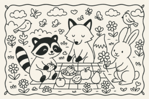 Desenho de primavera com raposa, coelho e guaxinim em um campo florido, em estilo Bobbie Goods