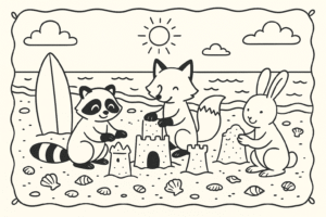 Desenho de verão com coelho, raposa e guaxinim na praia com prancha de surf, estilo Bobbie Goods