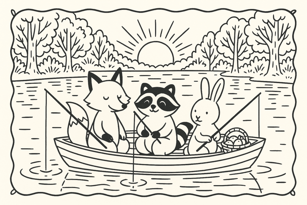Desenho em preto e branco de raposa, guaxinim e coelho pescando juntos em um barco no lago durante o entardecer, estilo Bobbie Goods