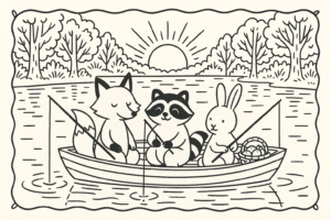 Desenho em preto e branco de raposa, guaxinim e coelho pescando juntos em um barco no lago durante o entardecer, estilo Bobbie Goods