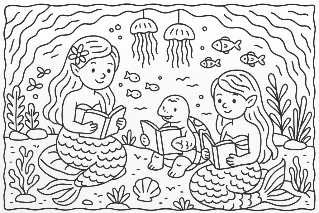 Sereias lendo livros com tartaruga em caverna submarina